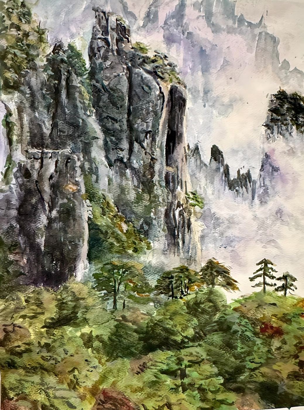 悬空山柱 - watercolor landscape